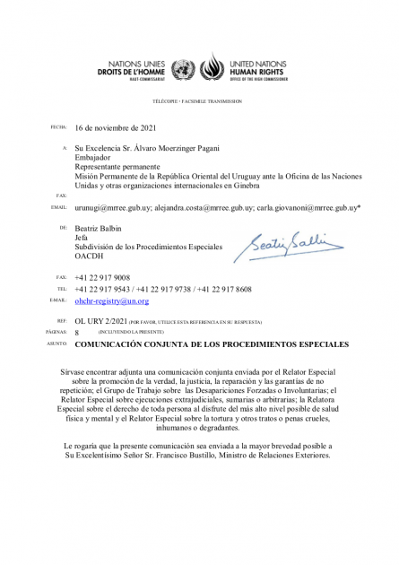 Carta enviada por los cinco relatores especiales de Naciones Unidas al gobierno de Uruguay Carta enviada por los cinco relatores especiales de Naciones Unidas al gobierno de Uruguay