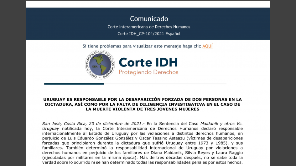 Texto inicial del comunicado de prensa de la Corte IDH Texto inicial del comunicado de prensa de la Corte IDH