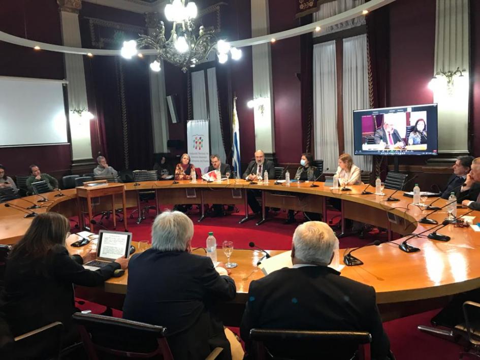 Imagen de la mesa durante la reunión en la Sala Maggiolo de la Universidad de la República (Udelar).