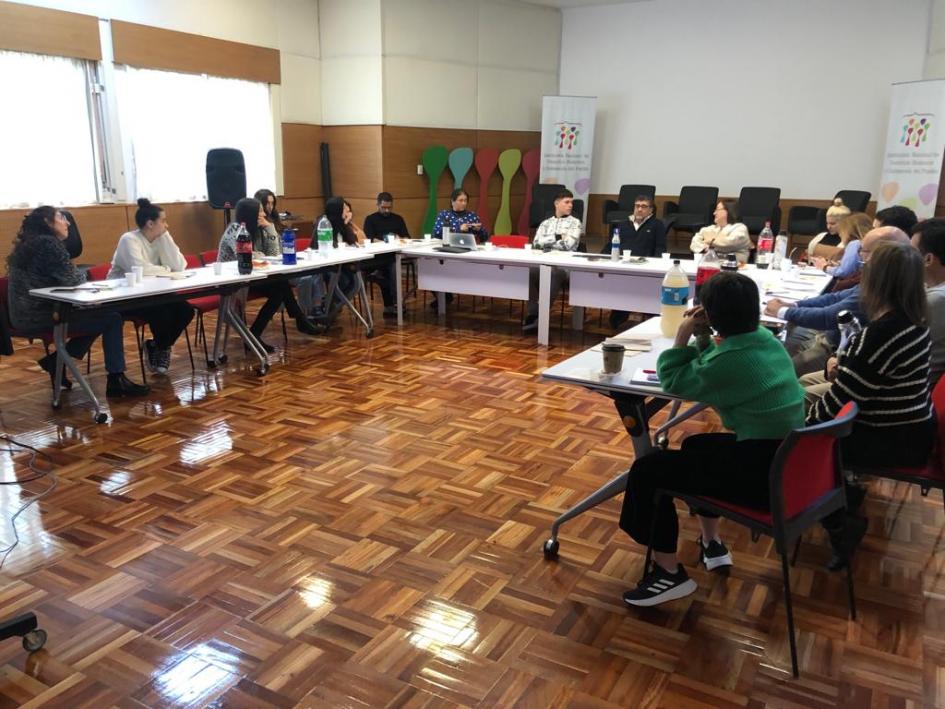 Foto capacitación interna sobre la nueva conceptualización de la discapacidad Integrantes de la Institución sentados en torno a una mesa intercambian durante el taller.