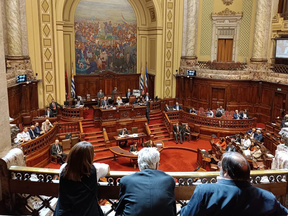 Se ve la espalda de tres personas sentadas en las barras viendo hacia la cámara de legisladores