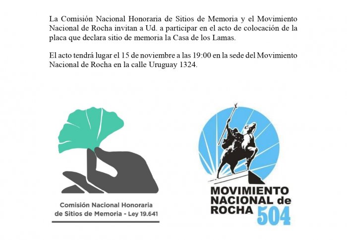 Invitación colocación placa sitio de memoria Casa de los Lamas Invitación colocación placa sitio de memoria 15 de noviembre, 19:00hs.