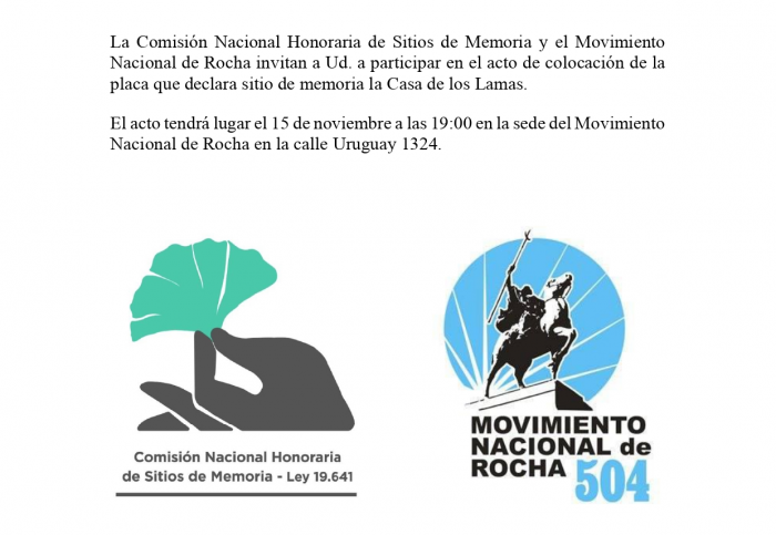 Invitación colocación placa sitio de memoria 15 de noviembre, 19:00hs.