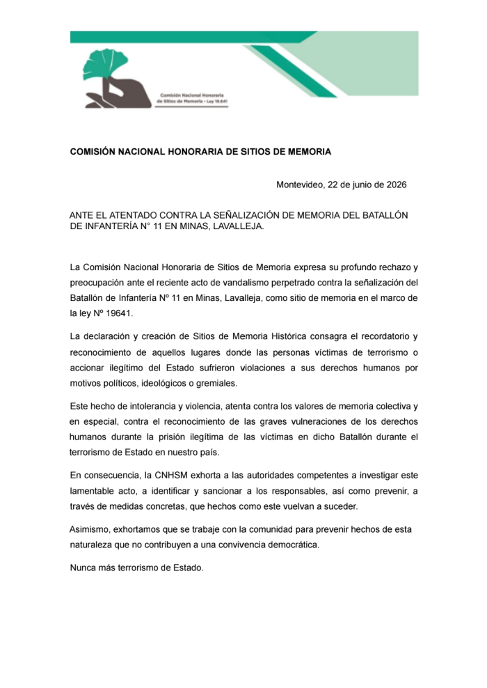 Texto de la CNHSM frente al atentado a la señalización de Memoria en Minas.