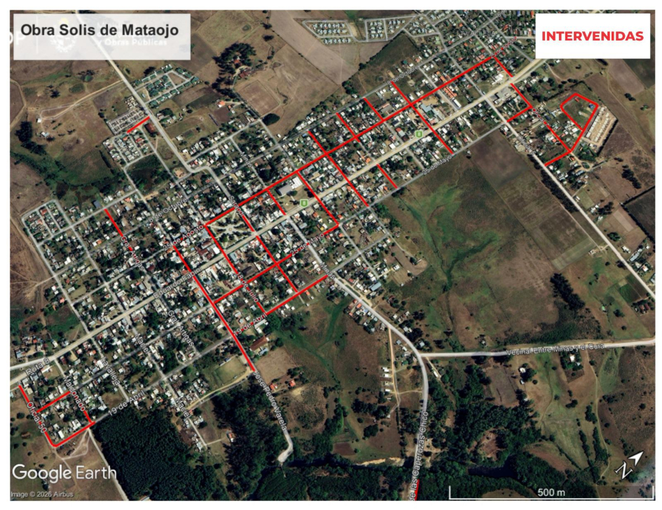 Vista aérea de las calles intervenidas en Solís de Mataojo. Vista aérea de las calles intervenidas en Solís de Mataojo.
