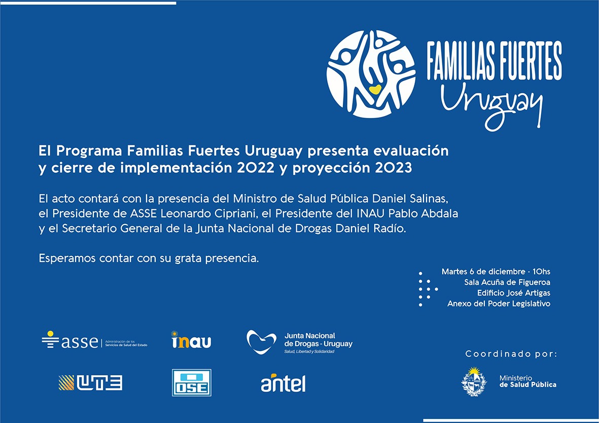 El acto contará con la presencia del ministro de Salud Pública Daniel Salinas, el presidente de ASSE Leonardo Cipriani, el presidente de INAU Pablo Abdala y el secretario general de la Junta Nacional de Drogas Daniel Radío. Martes 6 de diciembre - 10 horas. Sala Acuña de Figueroa, Edificio José Artigas Anexo del Poder Legislativo ​