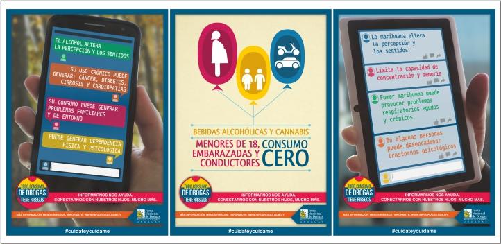 Gráfica de la campaña. 1. Celular con mensajes: El alcohol altera la percepción y los sentidos; Su uso crónico puede generar cancer, diábetes, cirrosis y cardipatías; Su consumo puede generar problemas familiares y de entorno; Puede generar dependencia física y psicológica. 2. Imagen de 3 globos con mujer embarazada, menores y moto/auto con mensaje Bebidas alcohólicas y cannabis, consumo cero en menores de 18, embarazadas y conductores. 3. Celular con mensajes: La marihuana altera la percepción y los sentid