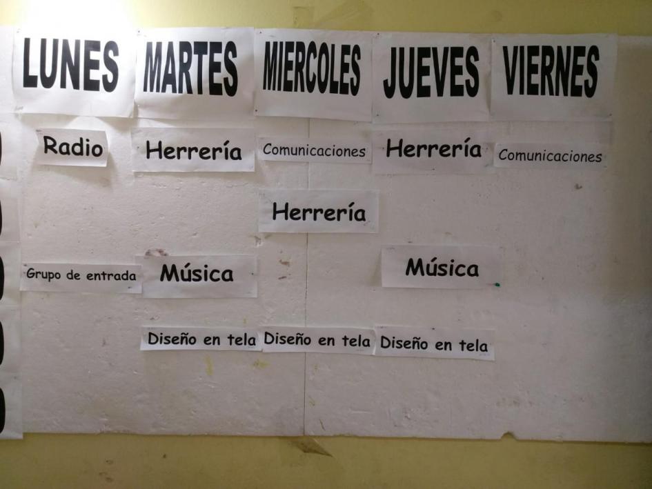 Pizarra de actividades Espuma pizarra con carteles indicando las actividades de las semana