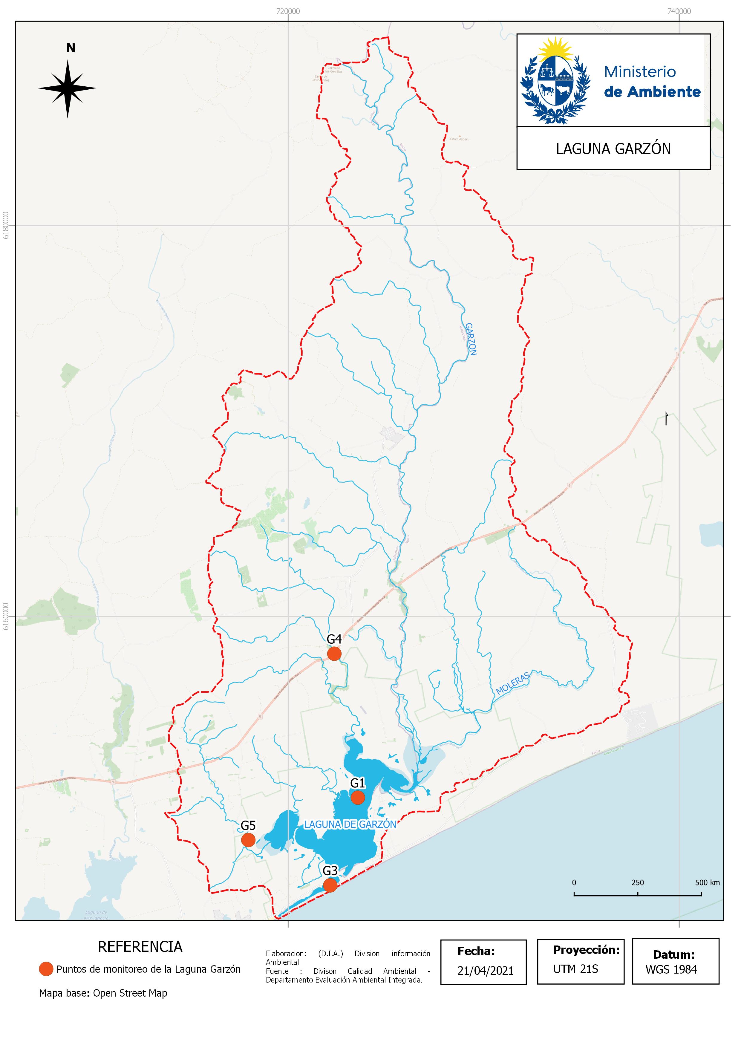Figura 1. Cuenca Laguna Garzón y ubicación de los puntos de monitoreo del Programa de Monitoreo Interinstitucional de Lagunas Costeras.
