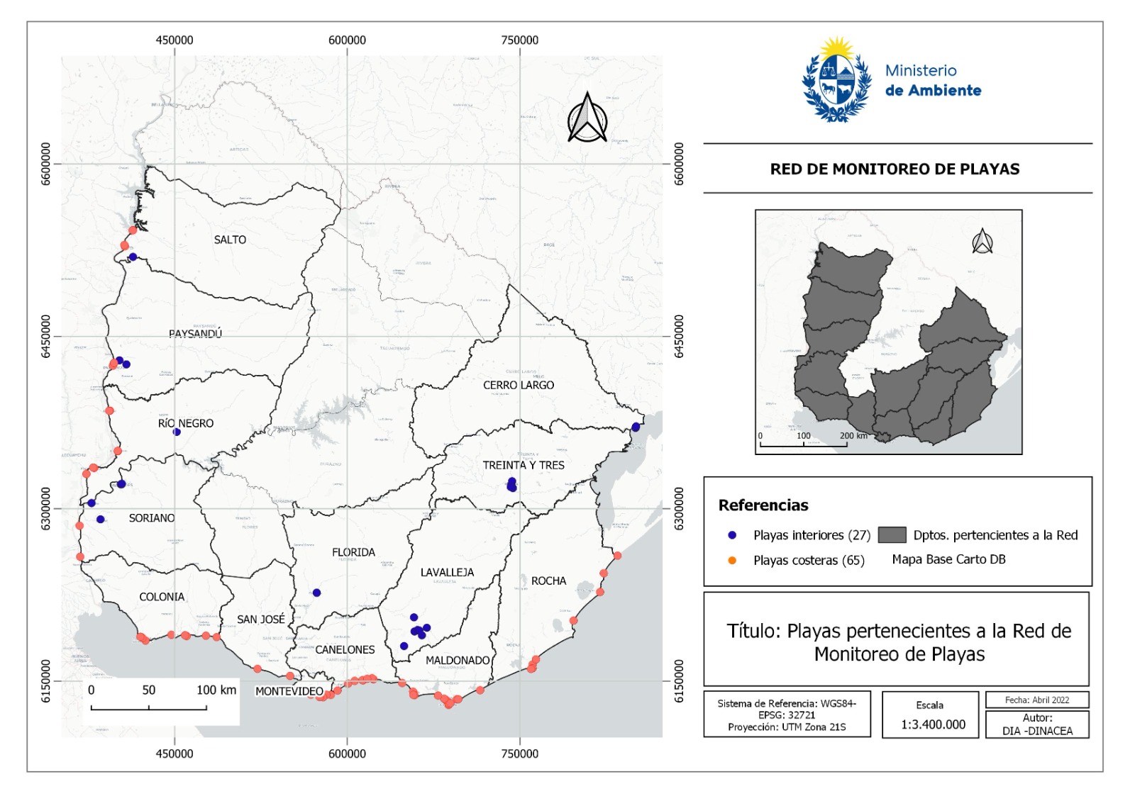 Mapa de intendencias y playas costeras e interiores que integran la Red de Monitoreo de Playas