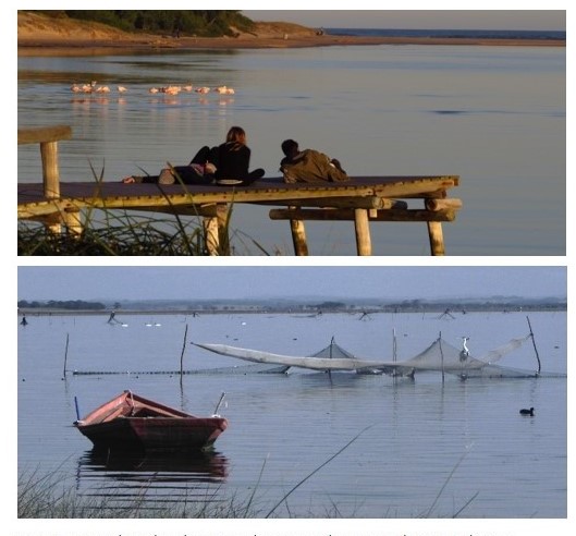 Laguna de Rocha: artes de pesca; imagen derecha: turismo de avistaje de aves.