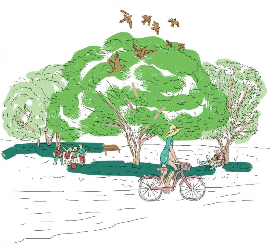 Ilustración de espacio verde urbano Parque arbolado en una ciudad