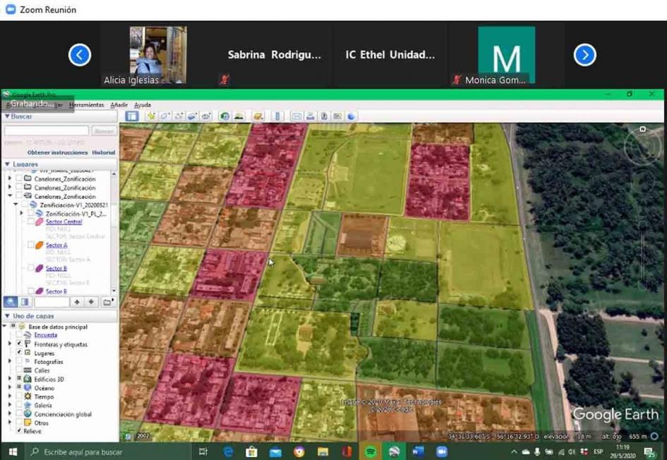 Talleres virtuales Impresión de pantalla de encuentro a través de la plataforma zoom. Mapa de una localidad piloto del Plan Nacional de Adaptación al Cambio Climático