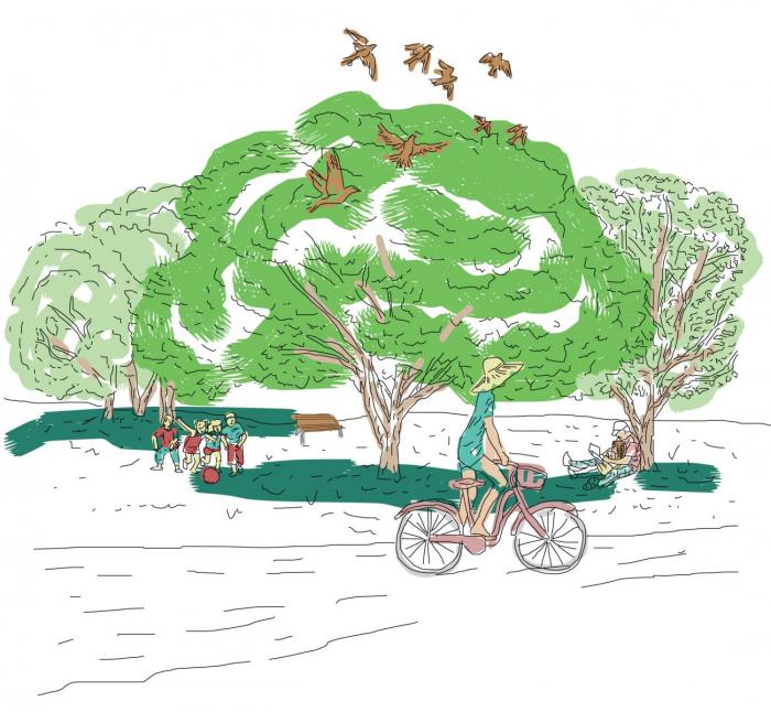Ilustración de espacio verde urbano Parque arbolado en una ciudad