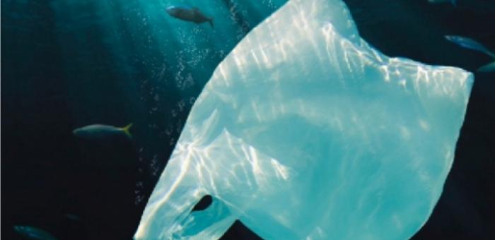 Bolsa de material plástico flotando en el océano