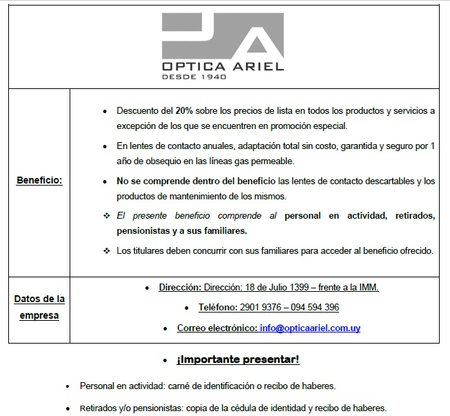 Beneficio en Óptica Ariel