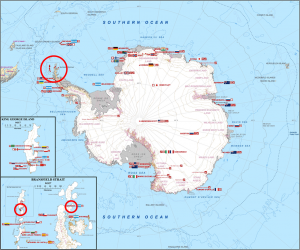 Mapa de la Antártida con la ubicación de las bases uruguayas en la Antártida