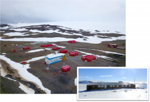 Foto de la Base Científica Antártica Artigas y de la Estación Científica Antártica Ruperto Elichiribehety