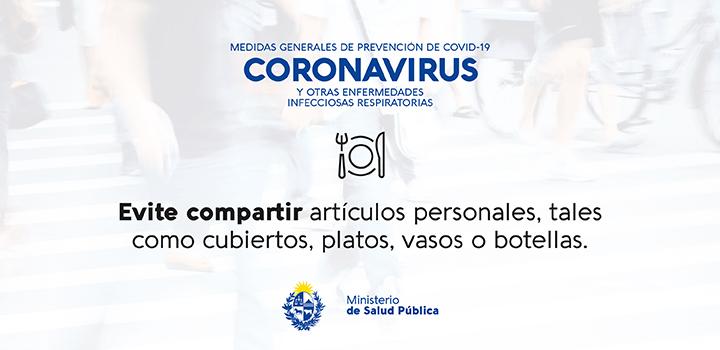 Afiches de difusión sobre prevención del coronavirus Evite compartir artículos personales como cubiertos, platos, vasos o botellas
