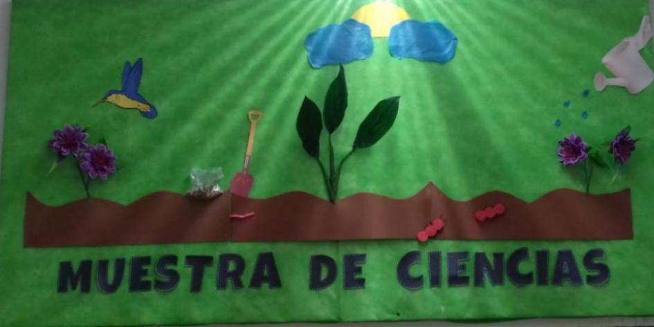Cartelera muestra de ciencias Cartelera con el nombre "Muestra de Ciencias", decorada por los niños del jardín