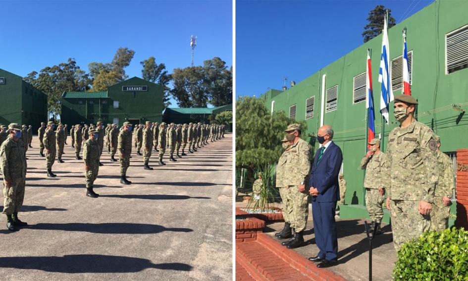 Ministro García saludando a efectivos integran el plan de relevo del contigente uruguayo en Congo 