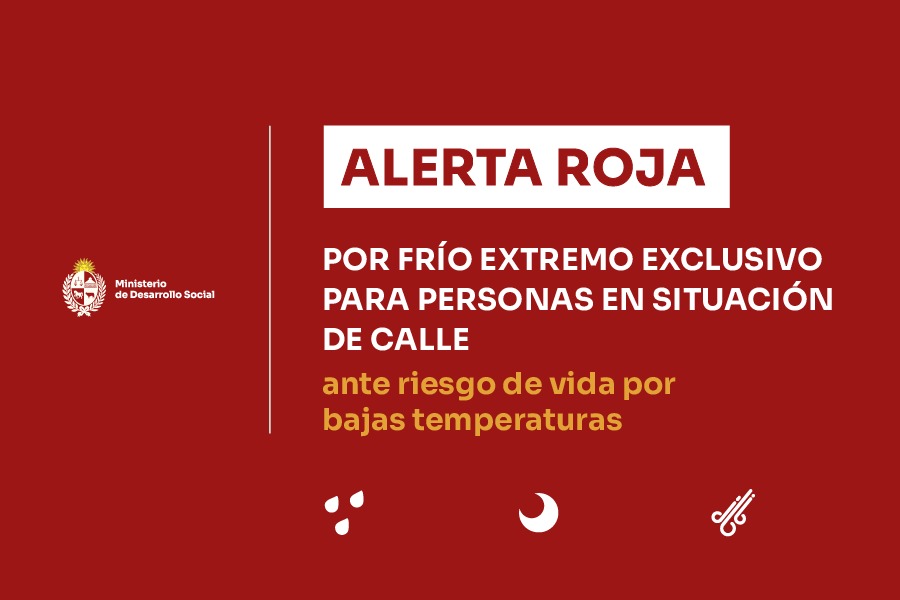 Placa de fondo rojo con texto en blanco que dice: ALERTA ROJA POR FRÍO EXTREMO EXCLUSIVO PARA PERSONAS EN SITUACIÓN DE CALLE ante riesgo de vida por bajas temperaturas 