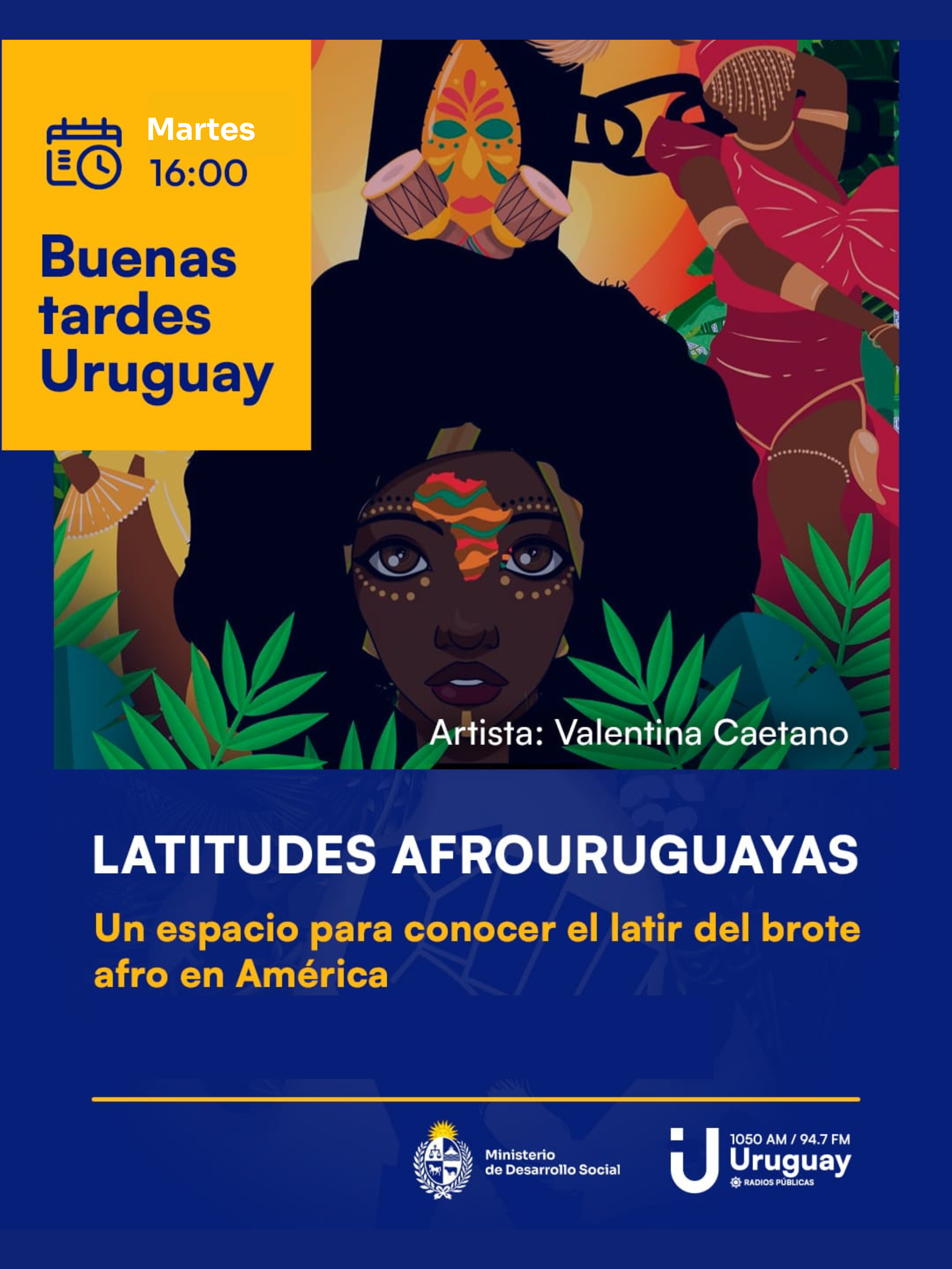 afiche del programa con una pintura de una mujer afro pintada de colores