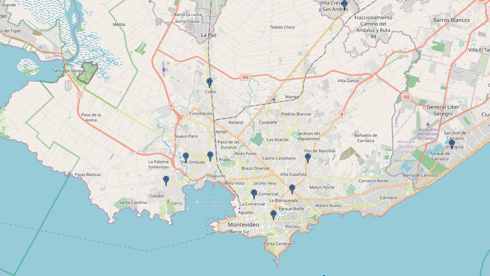 Mapa con la ubicación de las oficinas territoriales del MIDES en Montevideo