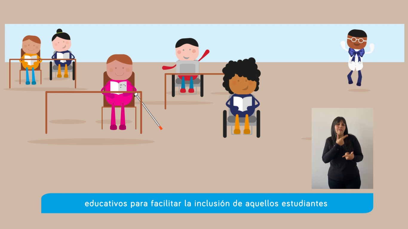 Captura de video. Caricatura en la que se ve un aula de escuela con niños, uno de ellos está en silla de ruedas