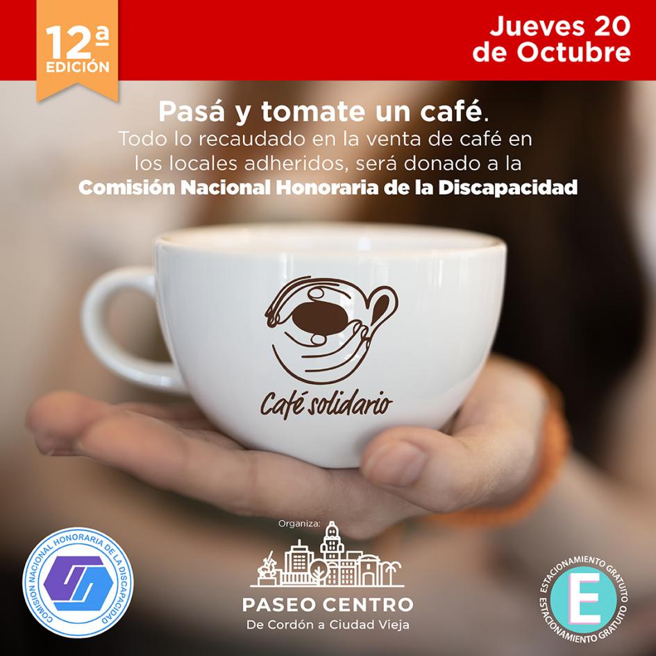 Afiche de Café Solidario. Logos: Comisión Nacional Honoraria de la Discapacidad y Grupo Paseo Centro