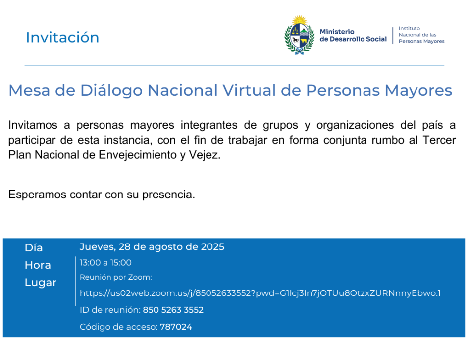 Invitación Mesa de Diálogo Nacional de Personas Mayores modalidad Virtual