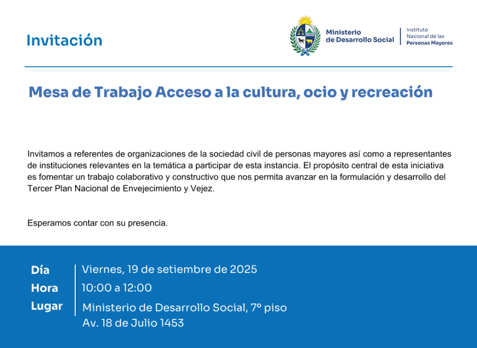 Invitación a 2da. Mesa de Trabajo a la cultura, ocio y recreación