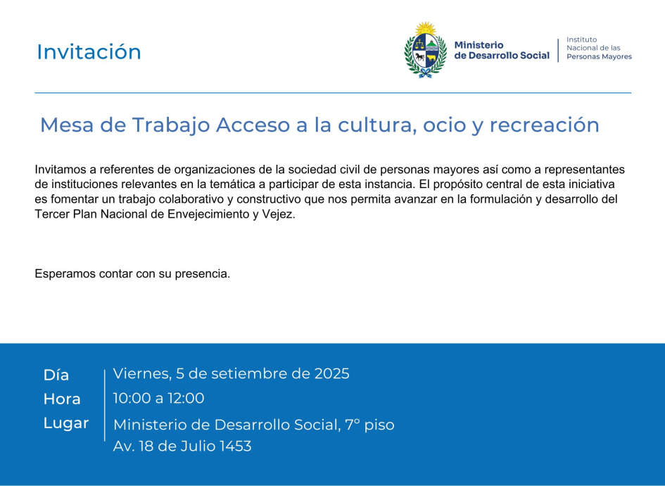 Invitación a Mesa de Trabajo Acceso a la cultura, ocio y recreación