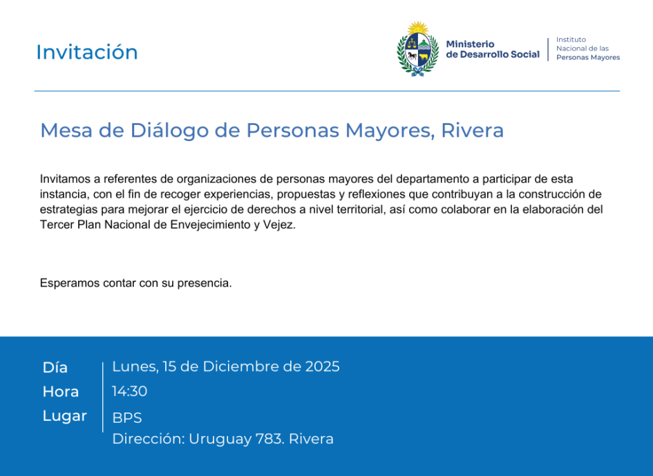 Invitación a Mesa de Diálogo, lunes 15/12 de 14:30 a 16:30. BPS Rivera