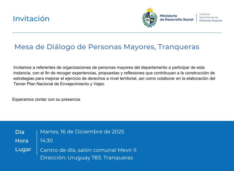 Invitación Mesa de diálogo en Tranqueras el martes 16/12 en el Salón Comunal de MEVIR II a las 14:30