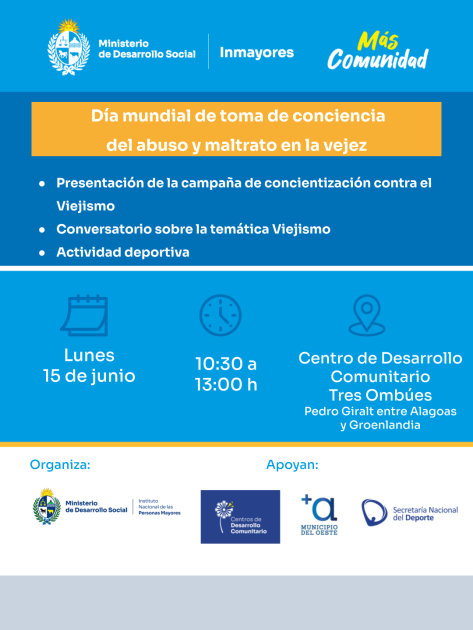 Invitación de Inmayores: actividad por el 15 de junio, 10:30 h, CDC Tres Ombúes, Montevideo.