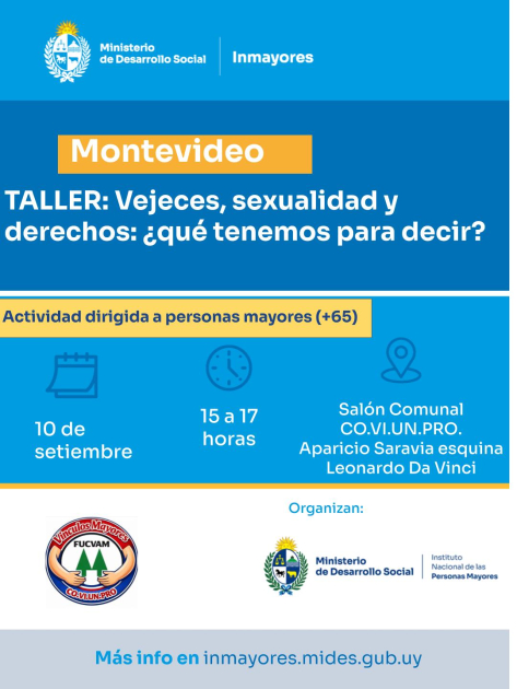 Afiche del taller Vejeces, sexualidad y derechos, 9/9/2026, 15 a 17 h, COVIUNPRO Montevideo