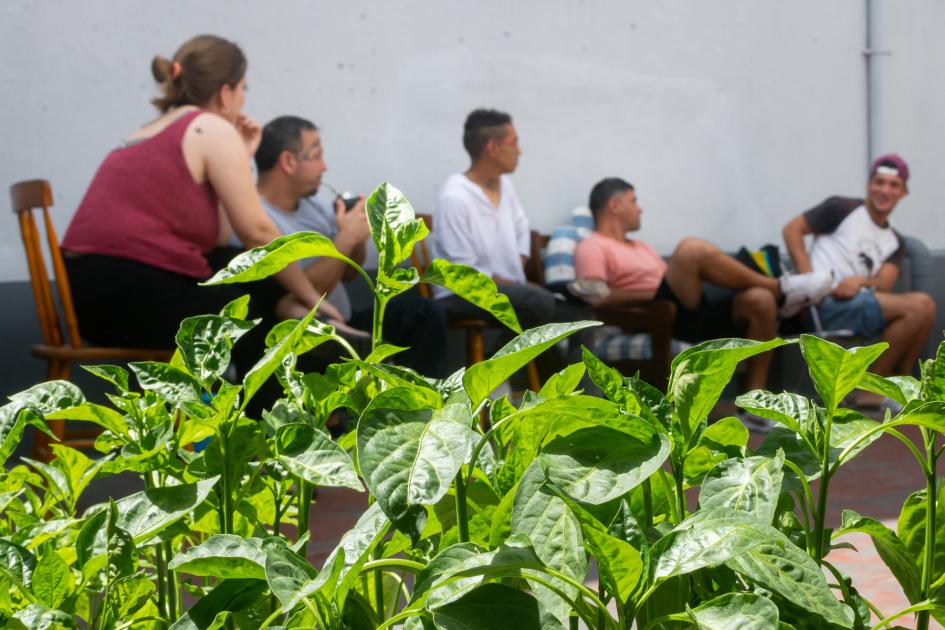 Usuarios del centro en el patio del hogar 