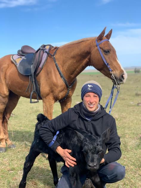 Santiago junto a un ternero y un caballo