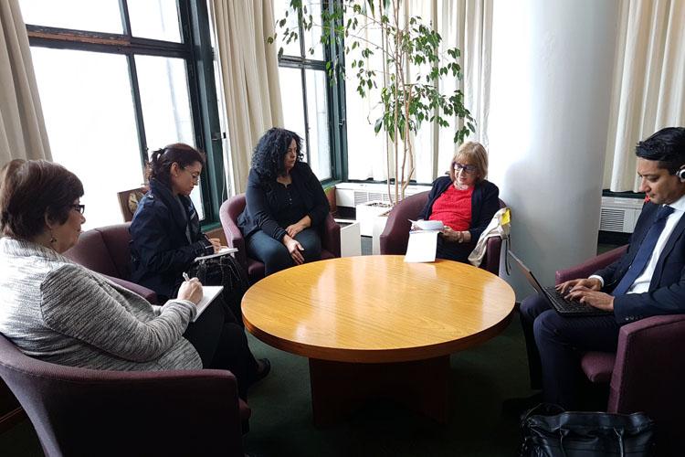 Experta ONU reunida con ministra y directora MIDES personas reunidas en torno a una mesa