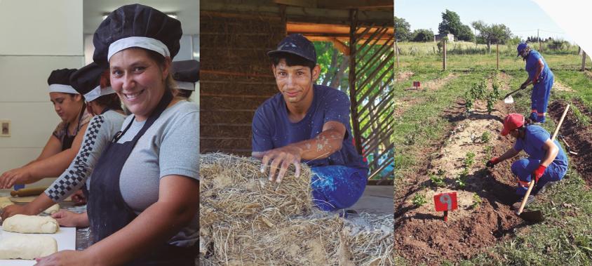 Participantes de Uruguay Trabaja realizando talleres de cocina, albañilería y huerta 