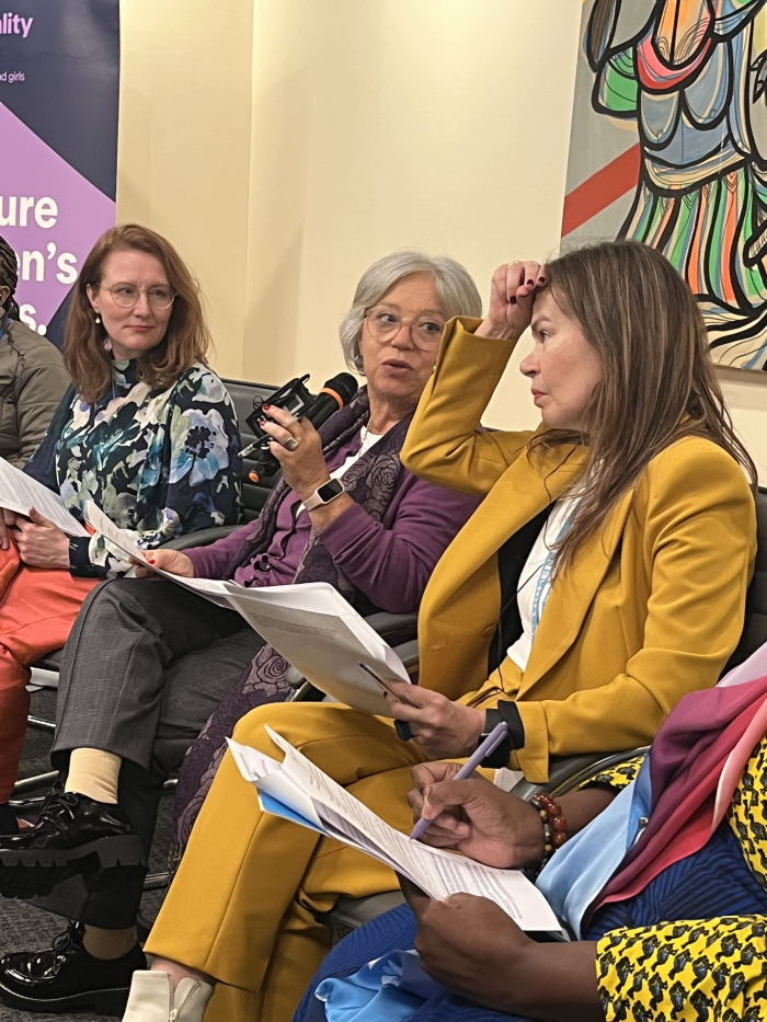 Mónica Xavier en uso de la palabra durante una actividad de la CSW70.