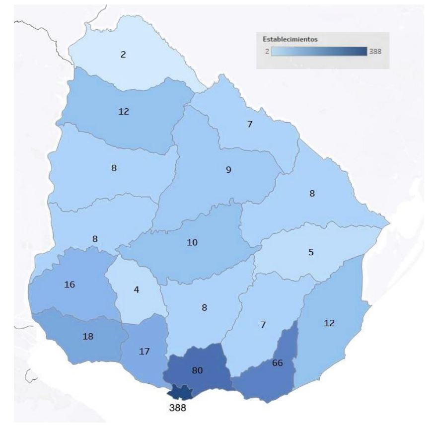 Imagen de mapa de Uruguay con cantidad de establecimientos relevados por departamento. Montevideo 388, Canelones 80, Maldonado 66, Rocha 12, Lavalleja 7, San José 17, Colonia 18, Soriano 16, Flores 4, Florida 8, Treinta y Tres 5, Durazno 10, Río Negro 8, Paysandú 8, Tacuarembó 9, Cerro Largo 8, Rivera 7, Artigas 2 y Salto 12