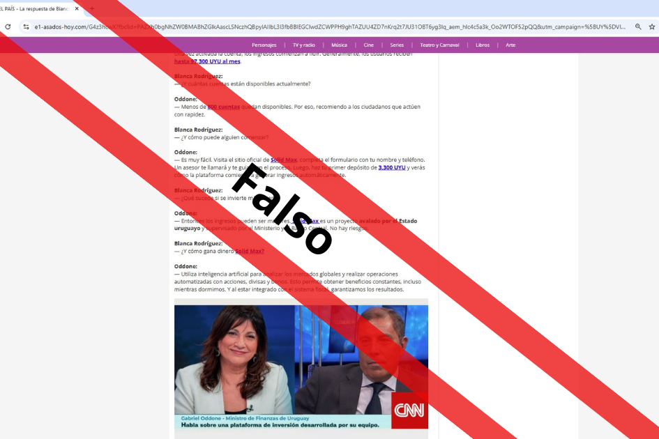 Captura de página falsa con estafa utilizando la imagen del ministro Gabriel Oddone y la senadora Blanca Rodríguez