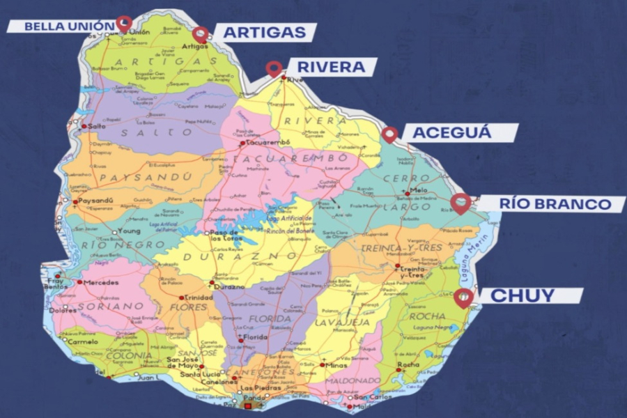 Mapa de Uruguay con las localidades marcadas donde rigen las medidas