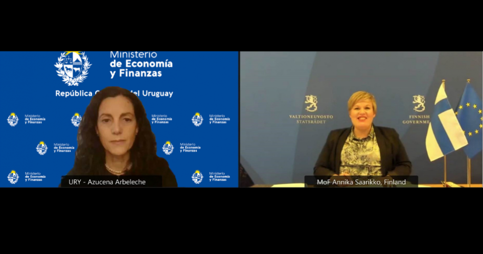 Ministra Arbeleche y ministra de Finlandia Annika Saariko Ministra de Economía Azucena Arbeleche
