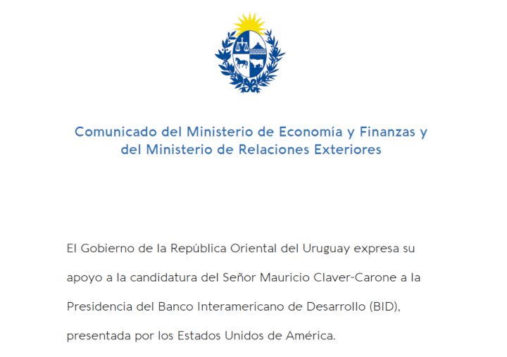 Apoyo al candidato al BID Comunicado MEF-MRREE