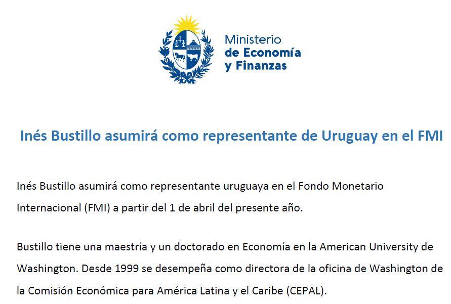 Inés Bustillo asumirá en FMI Representación de Uruguay