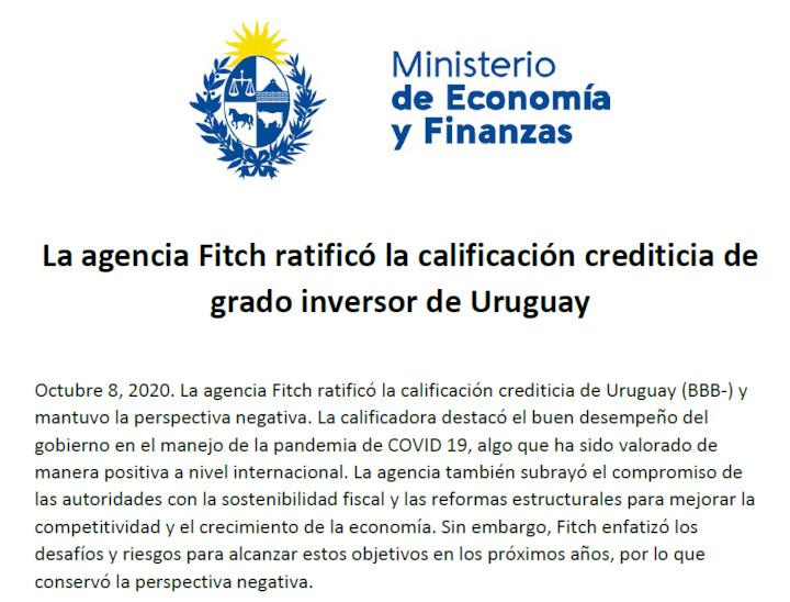 Agencia Fitch ratificó grado inversor