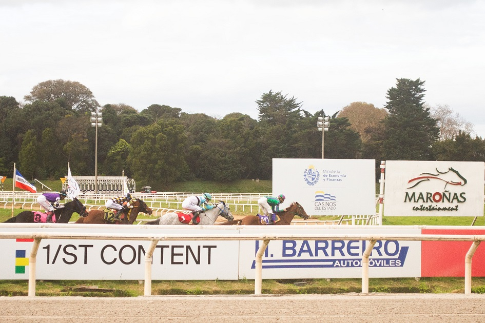 Maroñas vivió una jornada clásica con mirada al Latinoamericano y el inicio de la Triple Corona Caballos corriendo en la pista durante la carrera